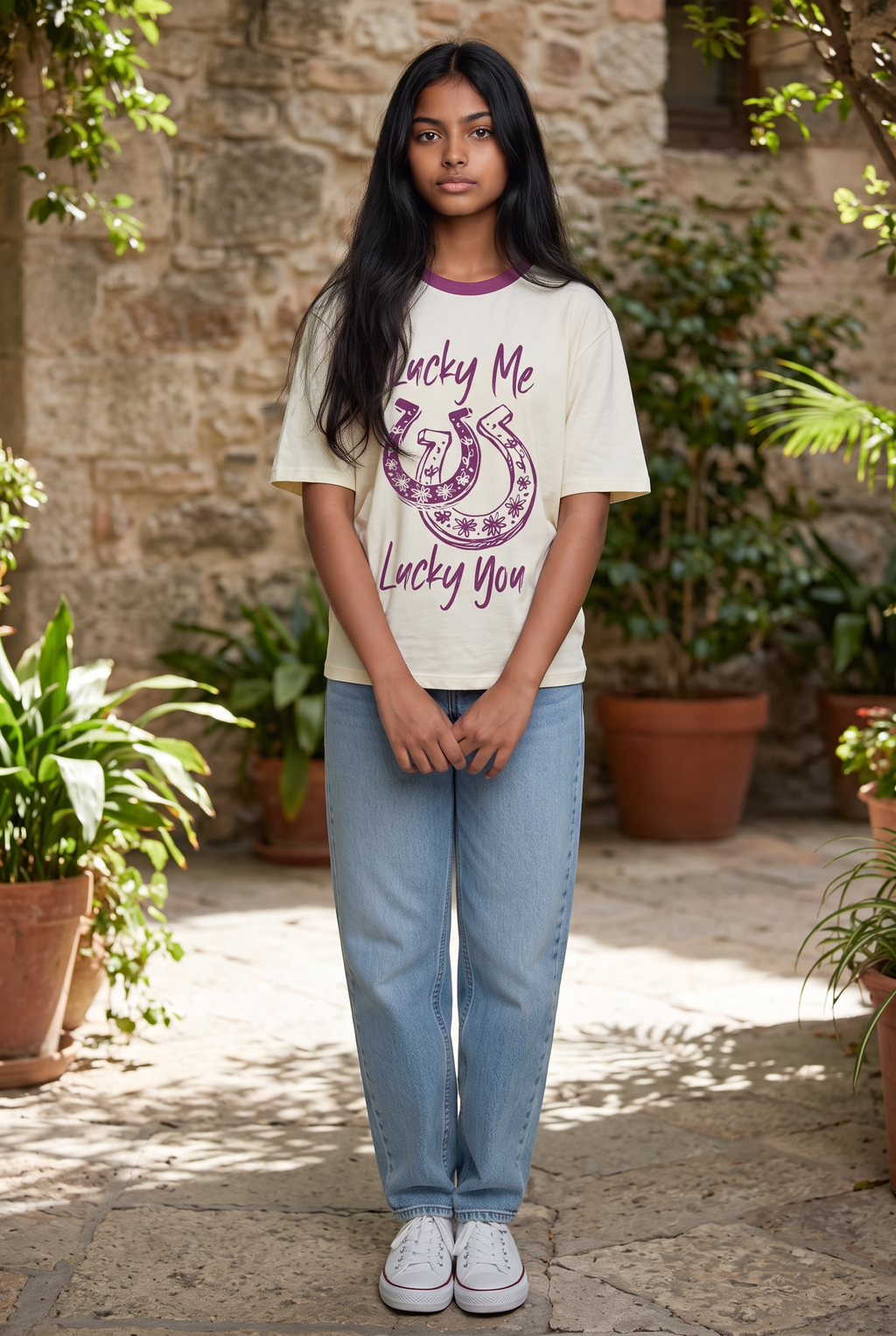 Lucky Me Lucky You Horseshoe Graphic Ringer T-Shirt