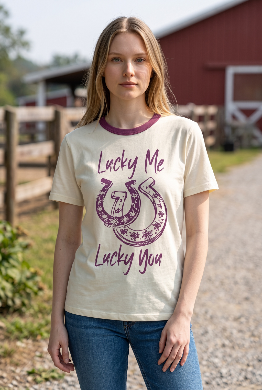Lucky Me Lucky You Horseshoe Graphic Ringer T-Shirt