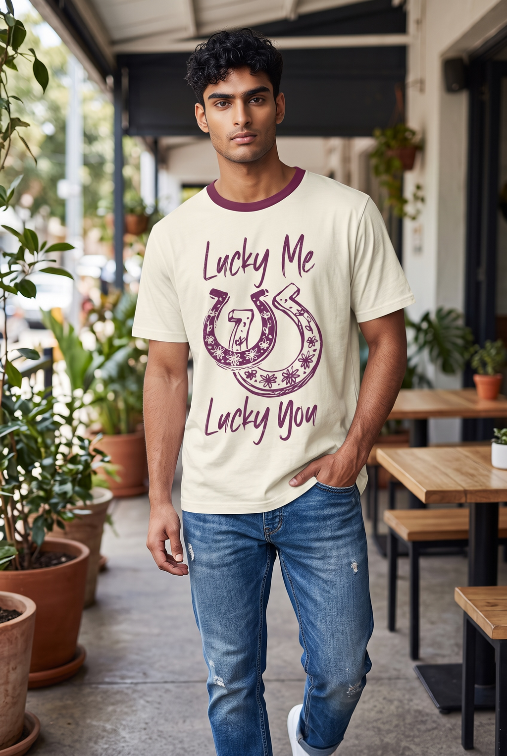 Lucky Me Lucky You Horseshoe Graphic Ringer T-Shirt