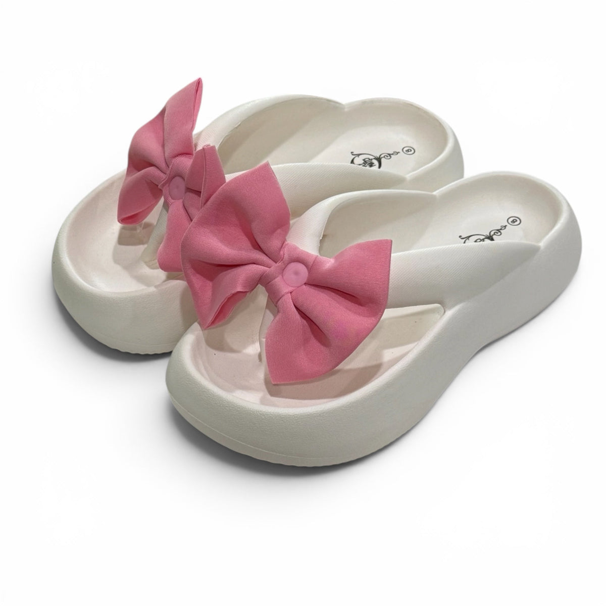 Women's White Flip Flops With Pink Bow - Size 7 & 8