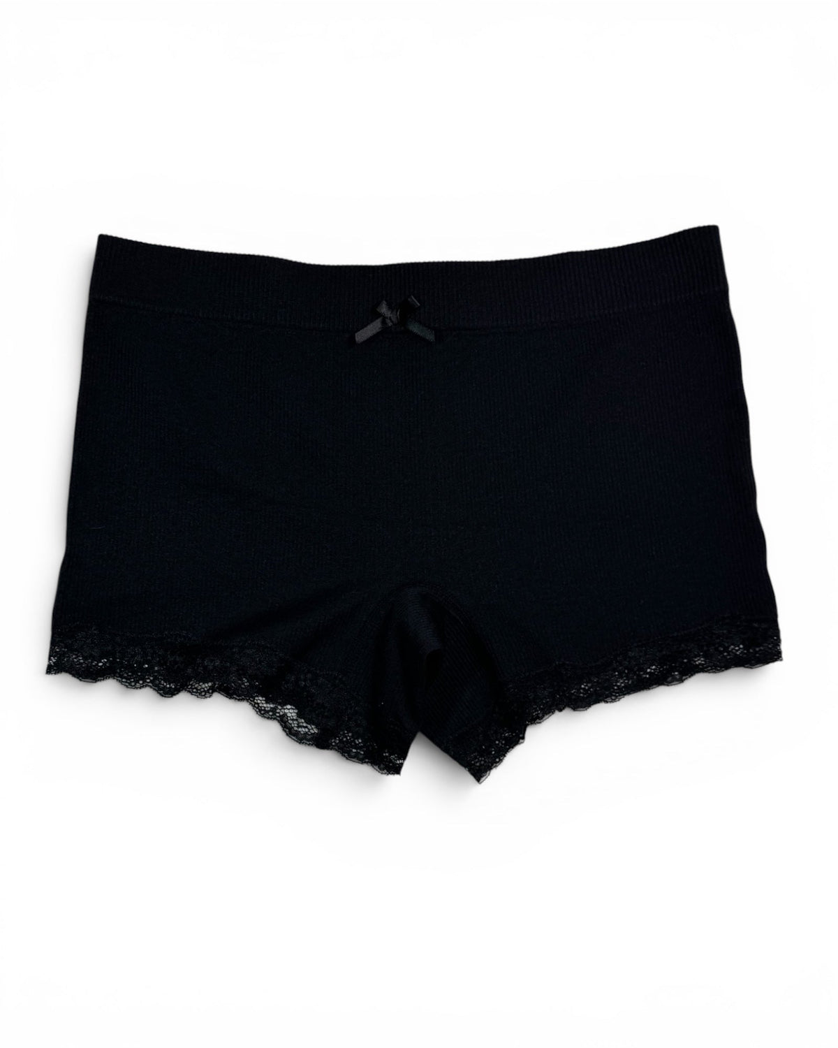 Women'S Seamless Ribbed Boyshort With Lace Trim – Black