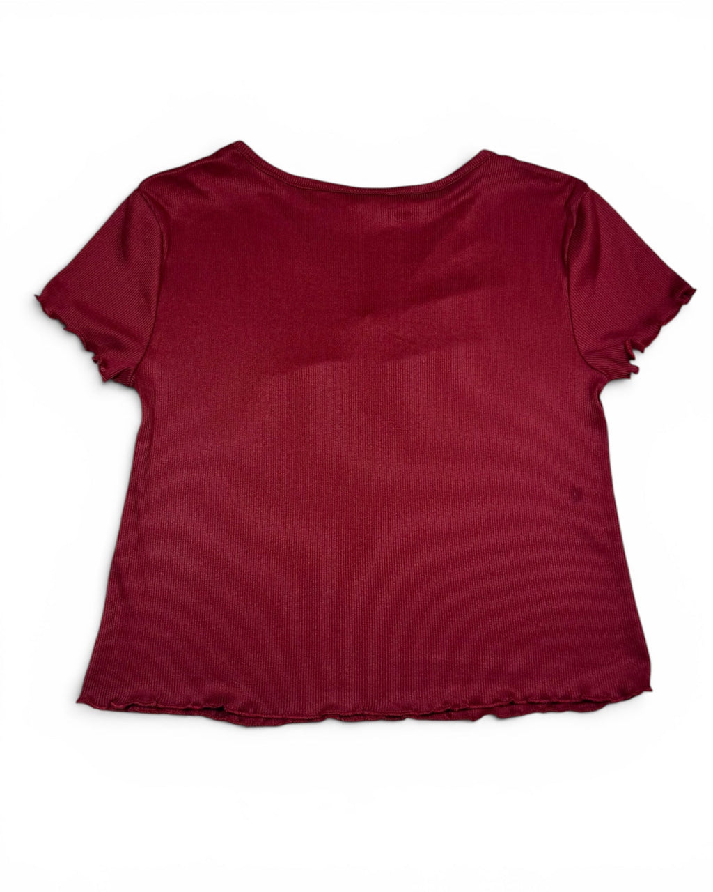 Top de mujer acanalado color burdeos con escote en V y detalle de botón de rosa NWT