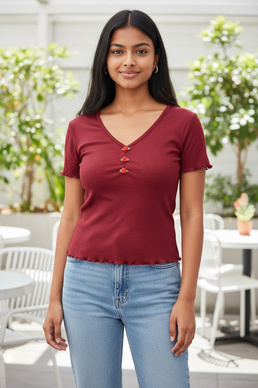 Top de mujer acanalado color burdeos con escote en V y detalle de botón de rosa NWT