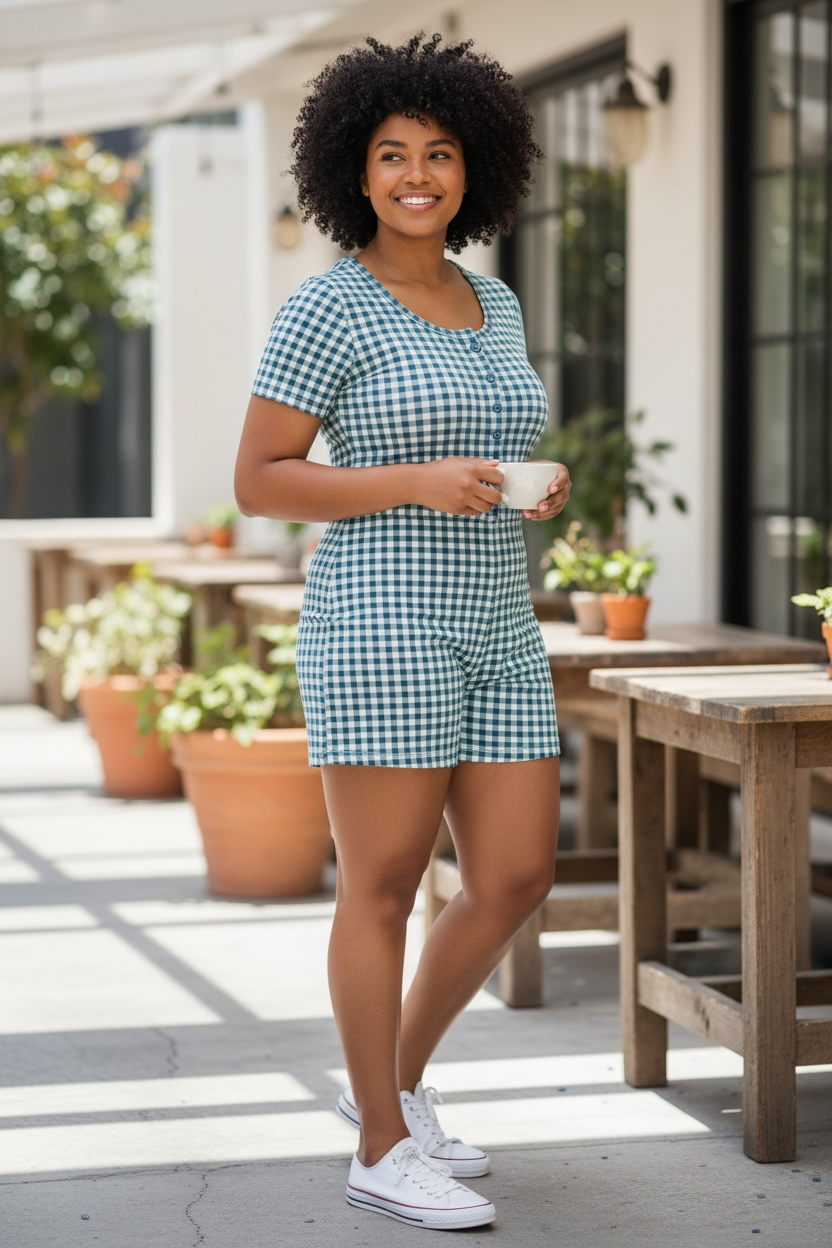 Women's Blue Gingham Button Front Romper NWT