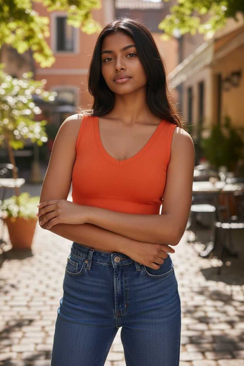 Ribbed V-Neck Cropped Tank Top – Coral Orange