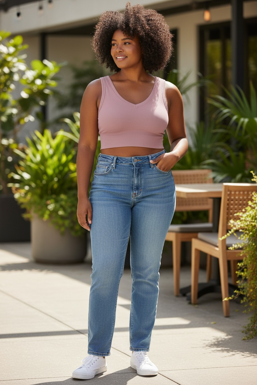 Ribbed V-Neck Cropped Tank Top – Pink