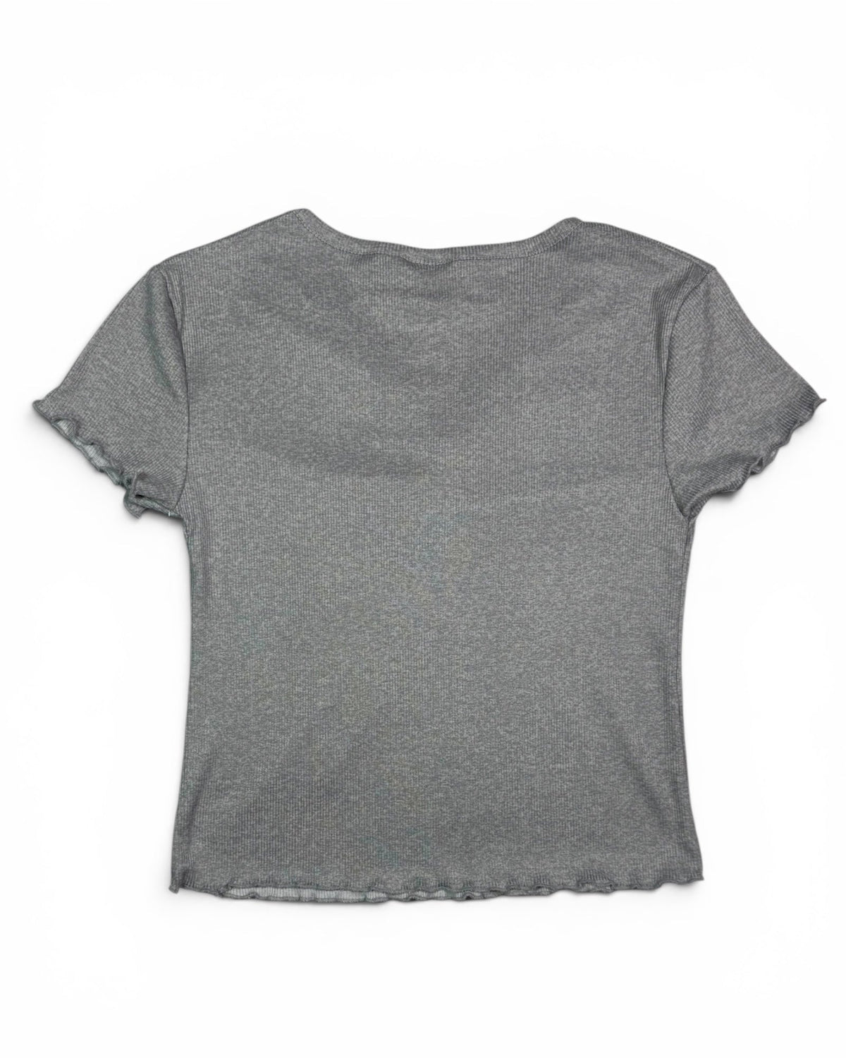Women's Gray Ribbed V-Neck Top with Rose Button Detail NWT