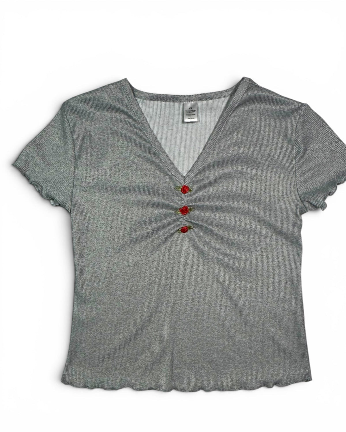 Women's Gray Ribbed V-Neck Top with Rose Button Detail NWT