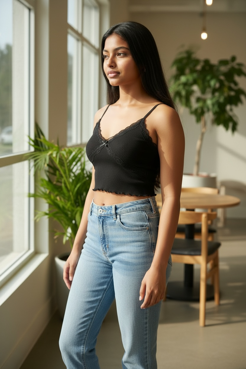Women's Ribbed Lace Trim Cami Crop Top Black with black lace – New With Tags
