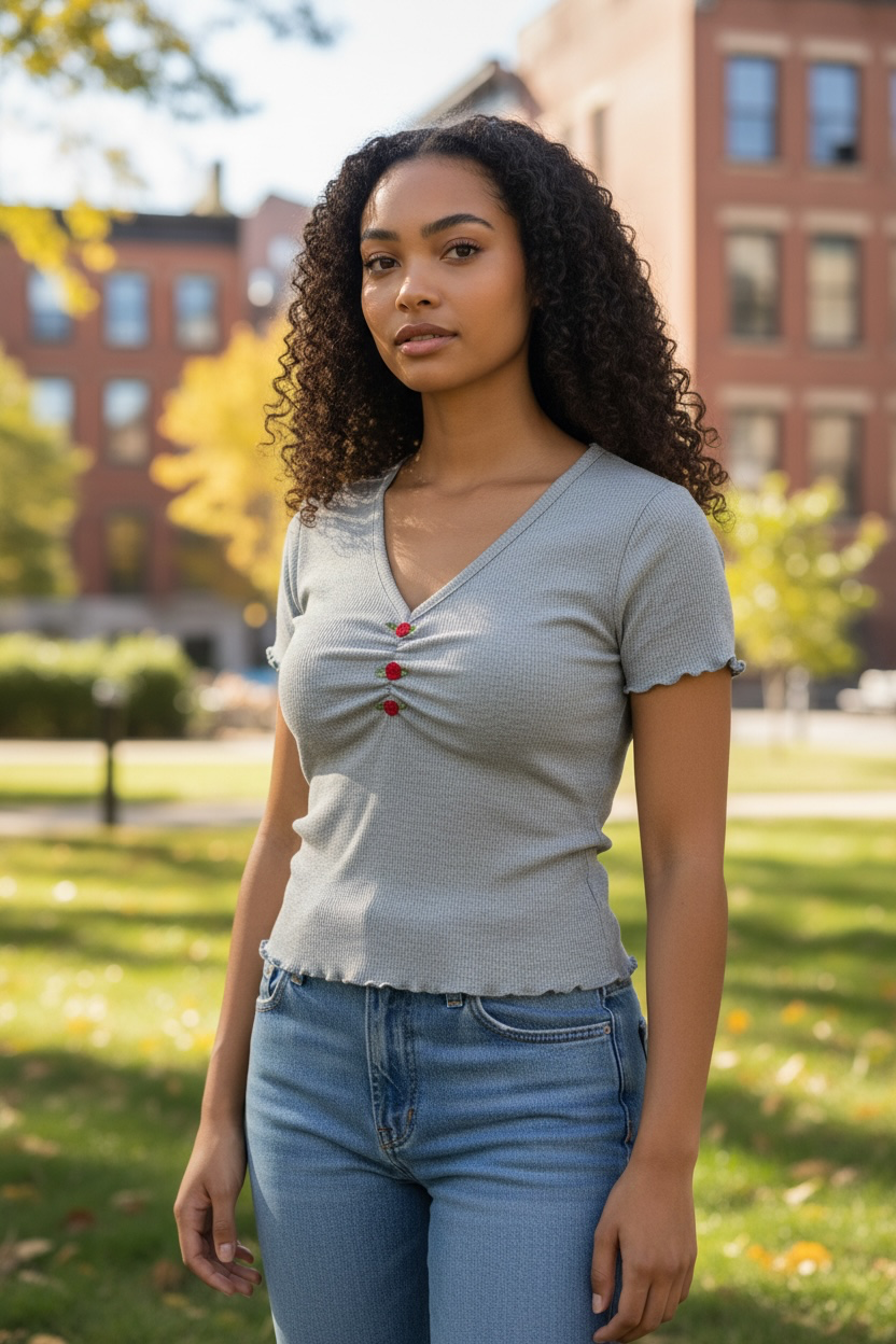 Women's Gray Ribbed V-Neck Top with Rose Button Detail NWT