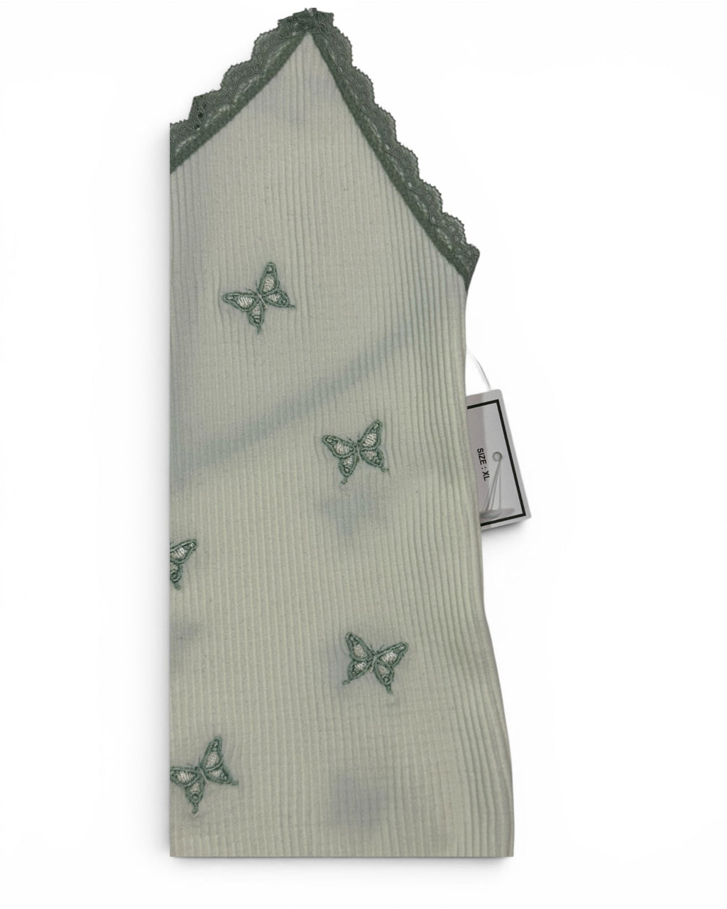 Camiseta sin mangas con bordado de mariposa acanalado para adolescentes – Marfil/Verde salvia – Nuevo con etiquetas