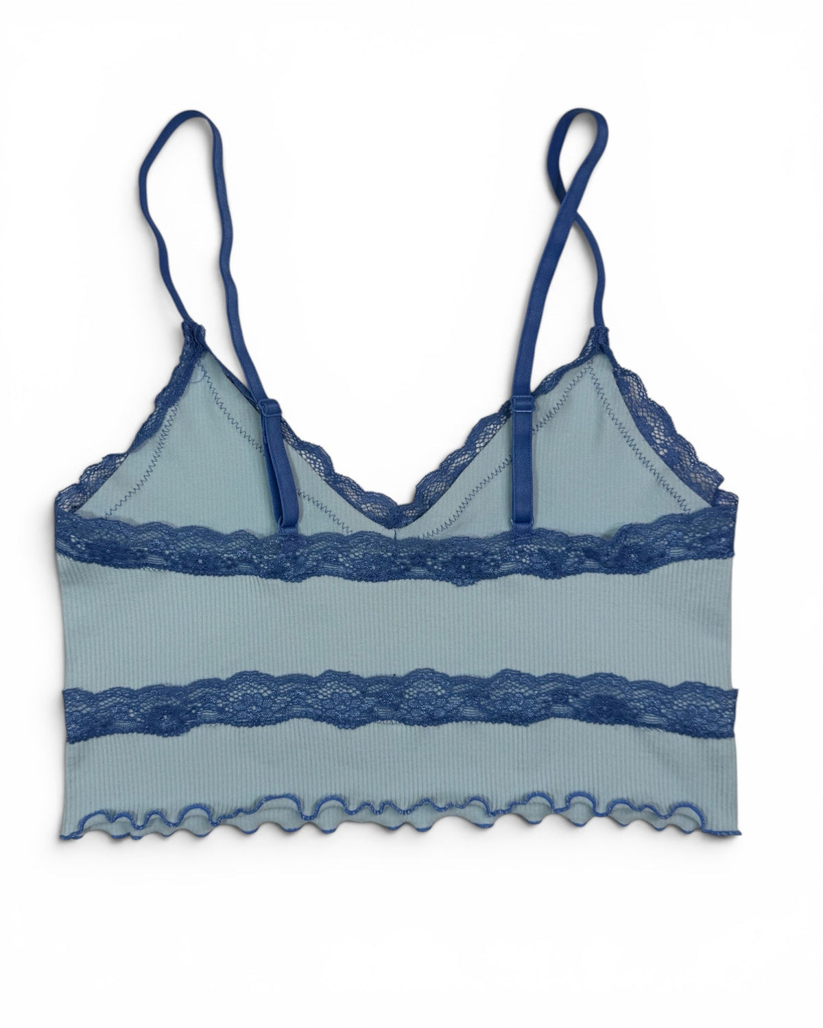 Women's Ribbed Lace Trim Cami Crop Top Light Blue- New With Tags