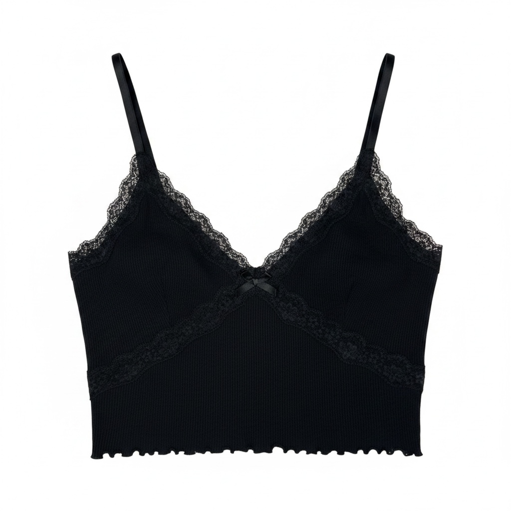 Women's Ribbed Lace Trim Cami Crop Top Black with black lace – New With Tags