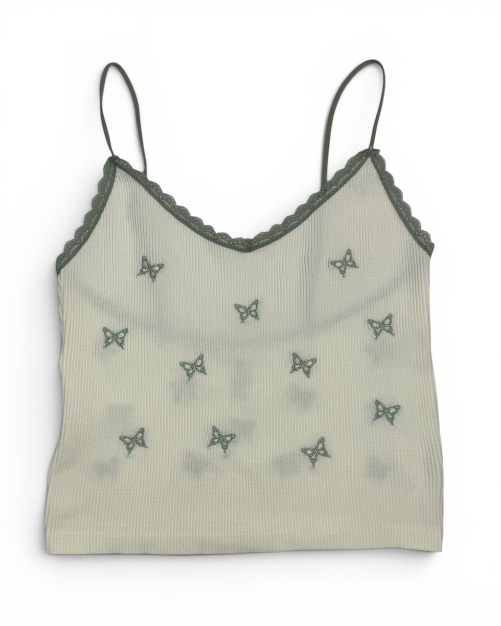 Camiseta sin mangas con bordado de mariposa acanalado para adolescentes – Marfil/Verde salvia – Nuevo con etiquetas