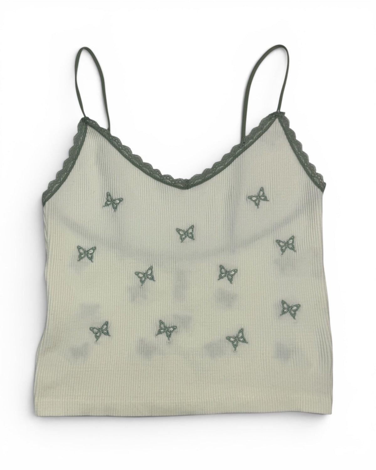 Teens Ribbed Butterfly Embroidered Cami Tank Top – Ivory/Sage Green – NWT