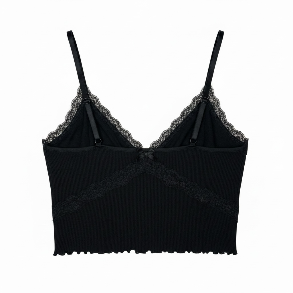 Women's Ribbed Lace Trim Cami Crop Top Black with black lace – New With Tags