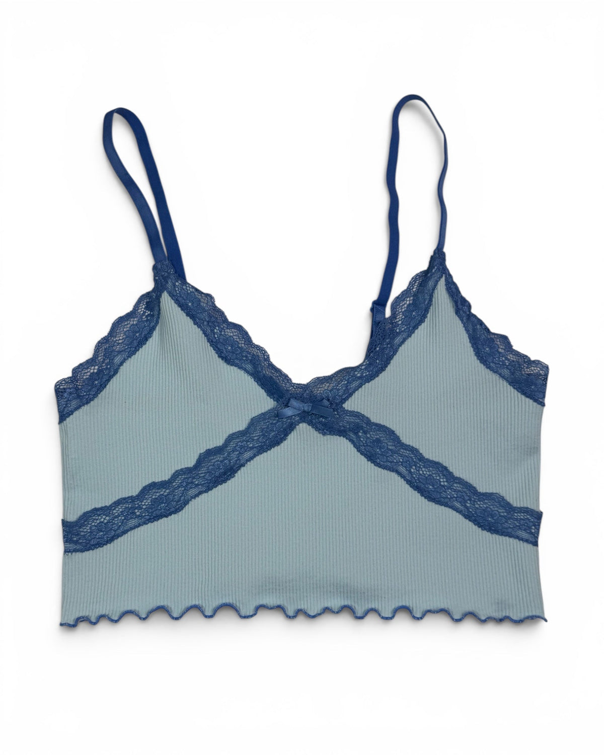 Women's Ribbed Lace Trim Cami Crop Top Light Blue- New With Tags
