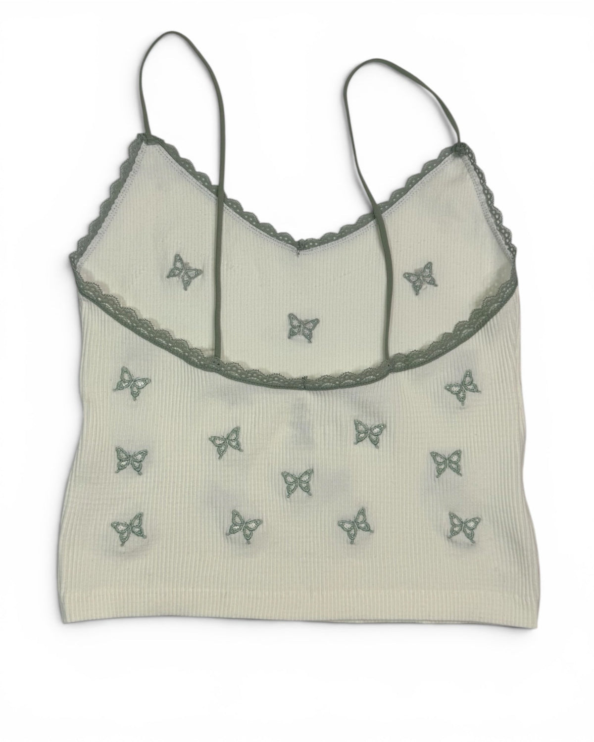 Teens Ribbed Butterfly Embroidered Cami Tank Top – Ivory/Sage Green – NWT