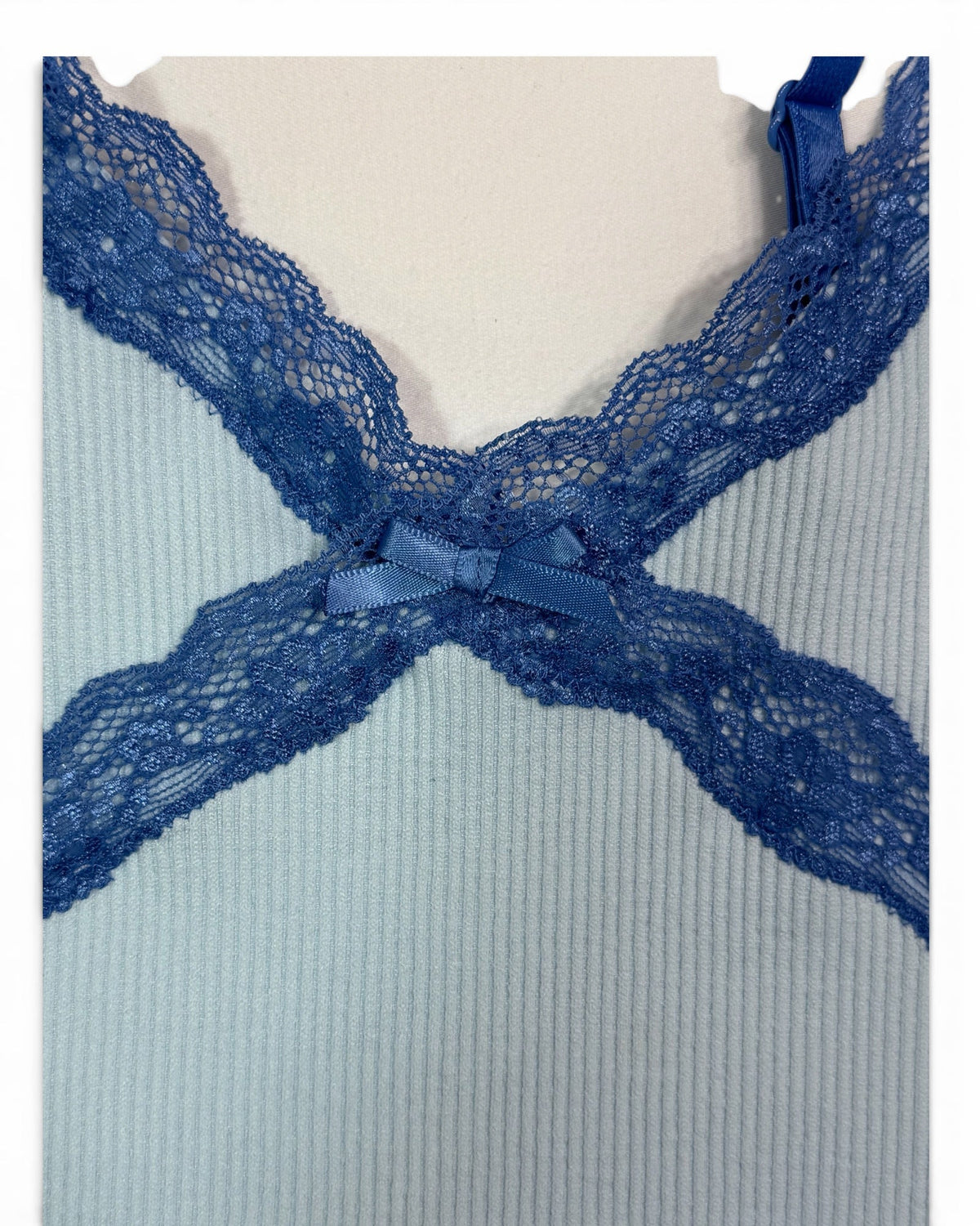 Women's Ribbed Lace Trim Cami Crop Top Light Blue- New With Tags