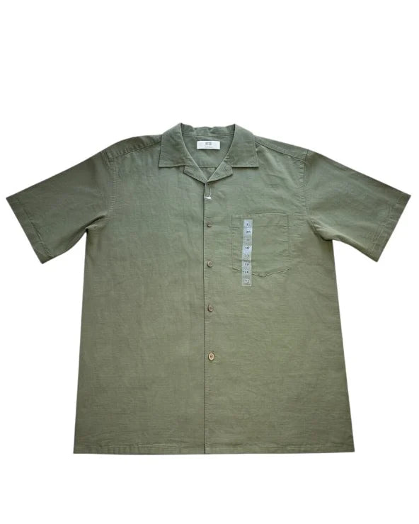 UNIQLO Men's XS Olive Cotton Linen Short Sleeve Open Collar Shirt