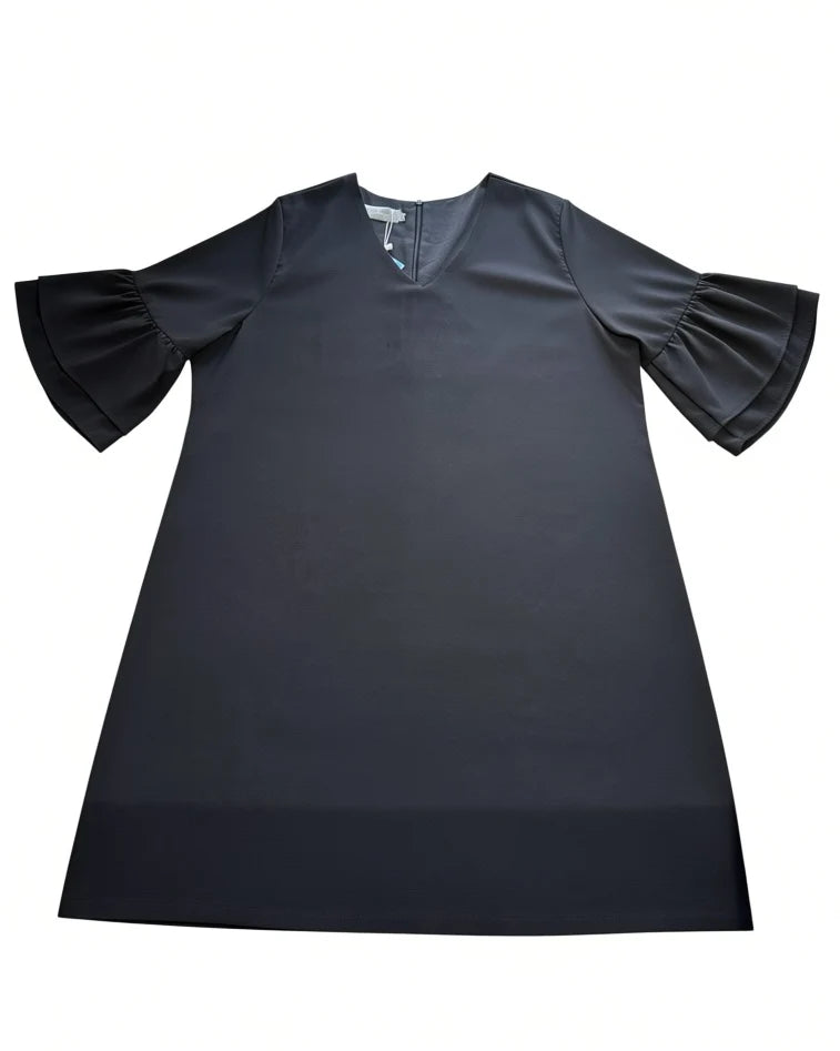 BELONGSCI Women's XL Black V-Neck Ruffle Bell Sleeve Shift Dress NWT