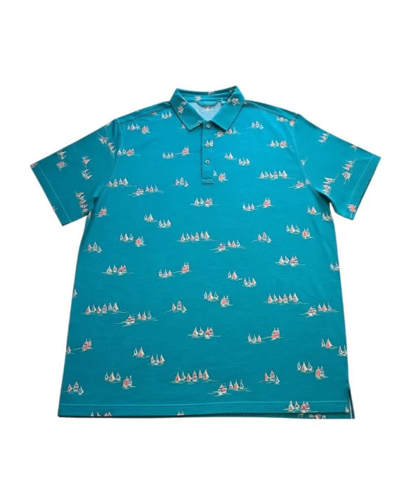 Tori Richard Seabreeze Polo Men's XL Teal Sailboat Tradewind Technology NWT