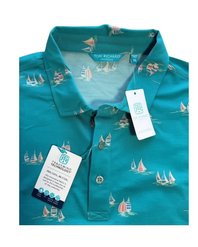 Tori Richard Seabreeze Polo Men's XL Teal Sailboat Tradewind Technology NWT