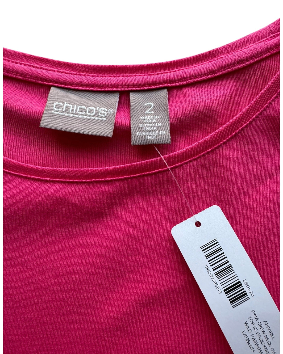 Chico's Pima Crewneck Tee Women's Size 2 L Wild Tuberose Short Sleeve NWT