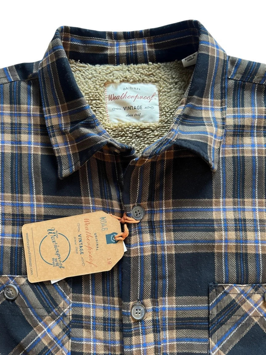 Weatherproof Vintage Men’s Blue Mocha Plaid Sherpa-Lined Shirt Jacket NWT - Large