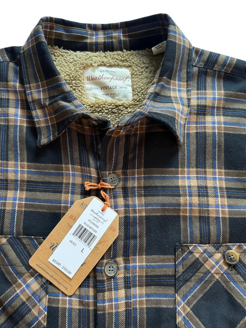 Weatherproof Vintage Men’s Blue Mocha Plaid Sherpa-Lined Shirt Jacket NWT - Large