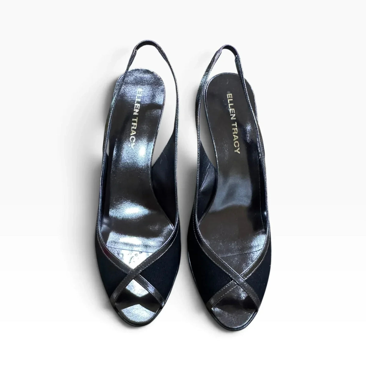 Ellen Tracy Women’s Black Linen Metallic Trim Peep-Toe Slingback Heels Size 9.5 M - New - Image 2