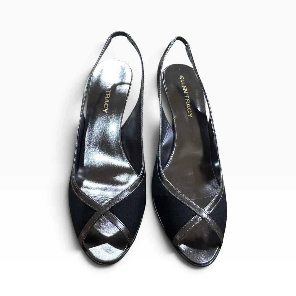 Ellen Tracy Women’s Black Linen Metallic Trim Peep-Toe Slingback Heels Size 9.5 M - New - Image 4