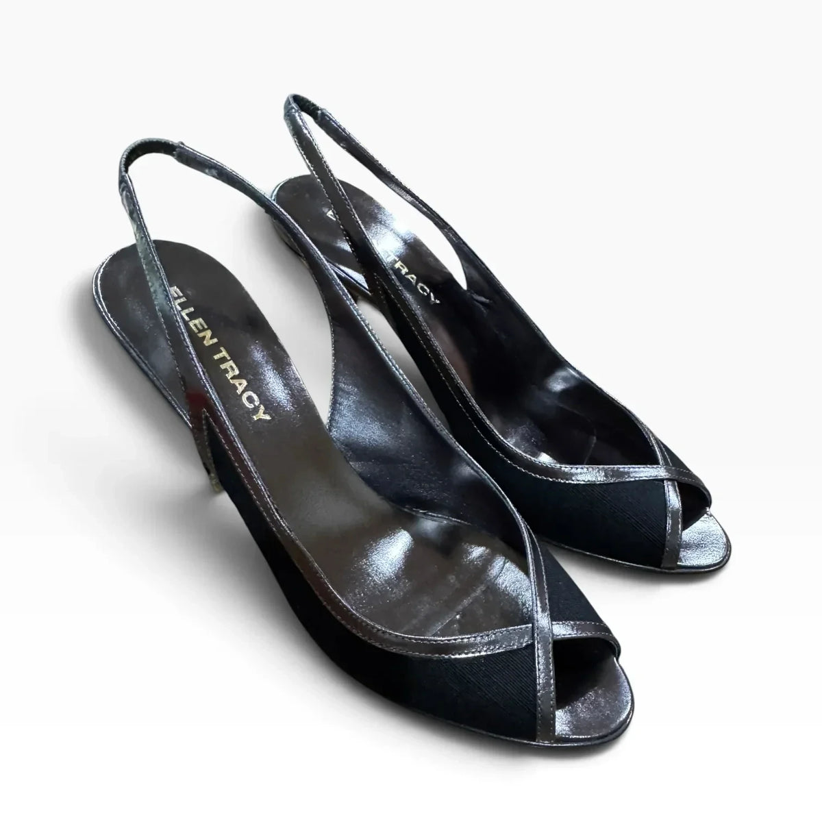 Ellen Tracy Women’s Black Linen Metallic Trim Peep-Toe Slingback Heels Size 9.5 M - New - Image 3