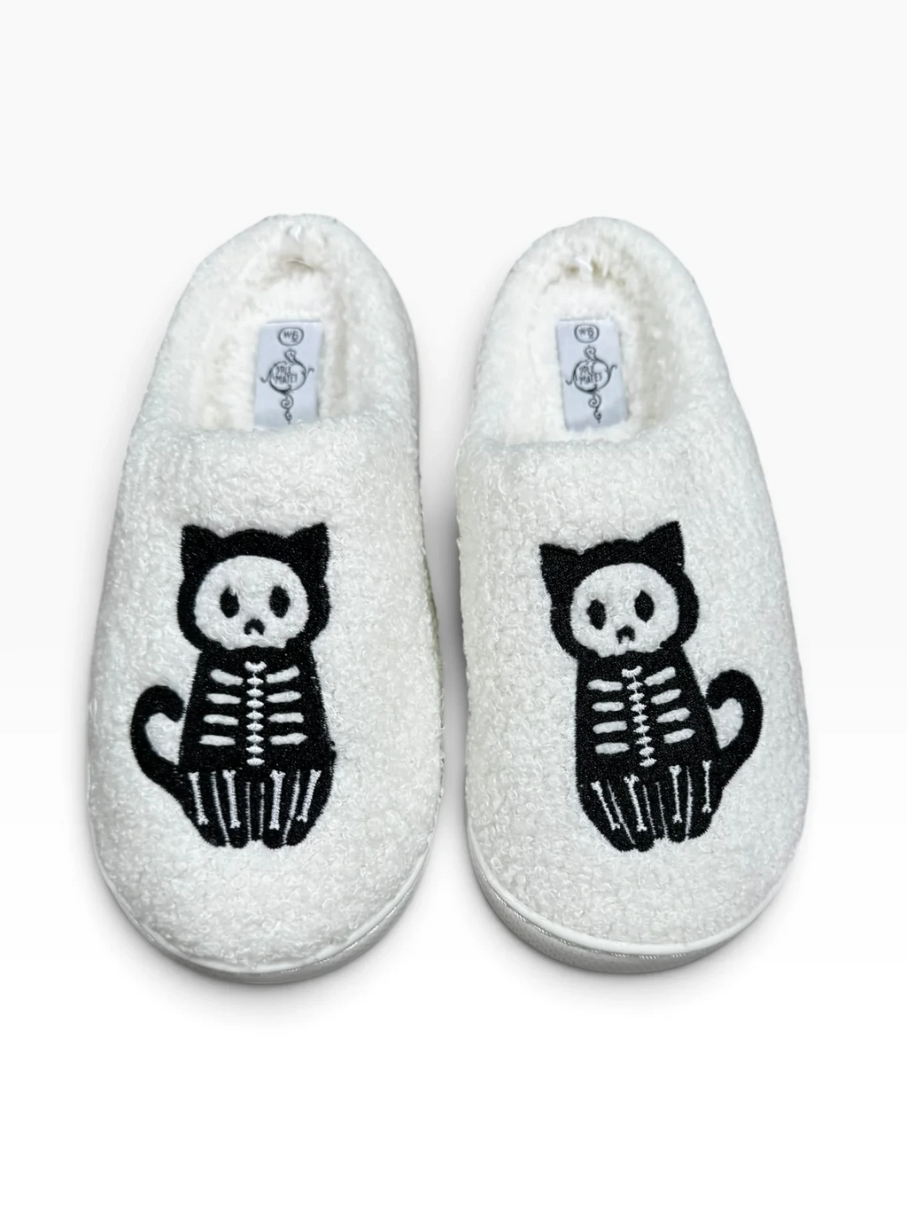 Sole Mates Women’ White Skeleton Cat Sherpa Slippers - New