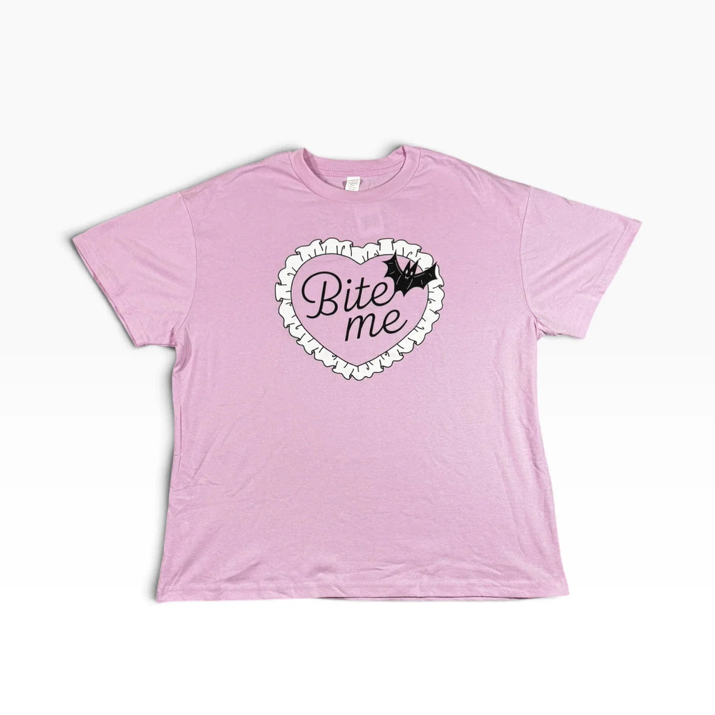 Pink “Bite Me” Bat Heart Graphic T-Shirt New