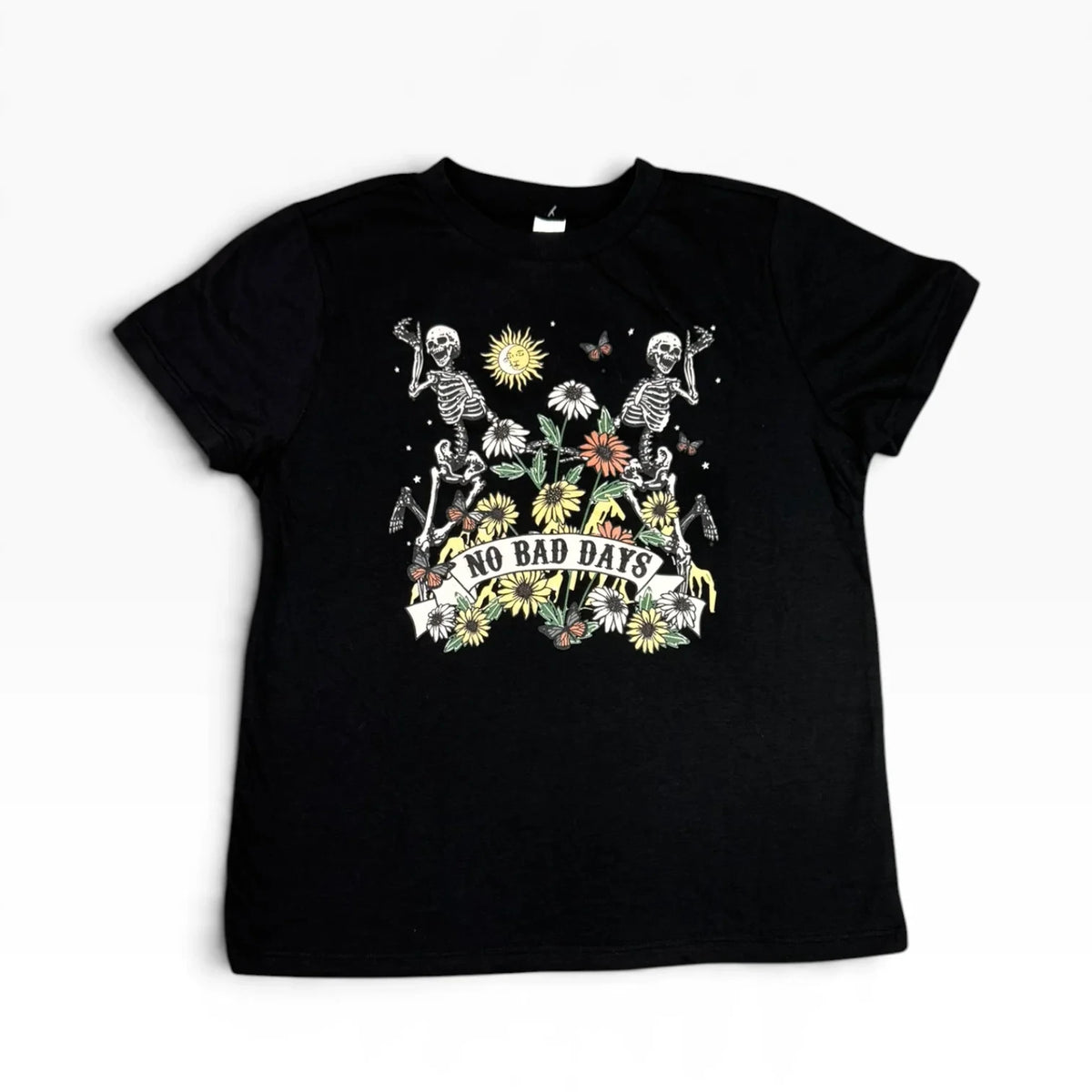Kids No Bad Days Skeleton Floral Graphic T-Shirt Black New