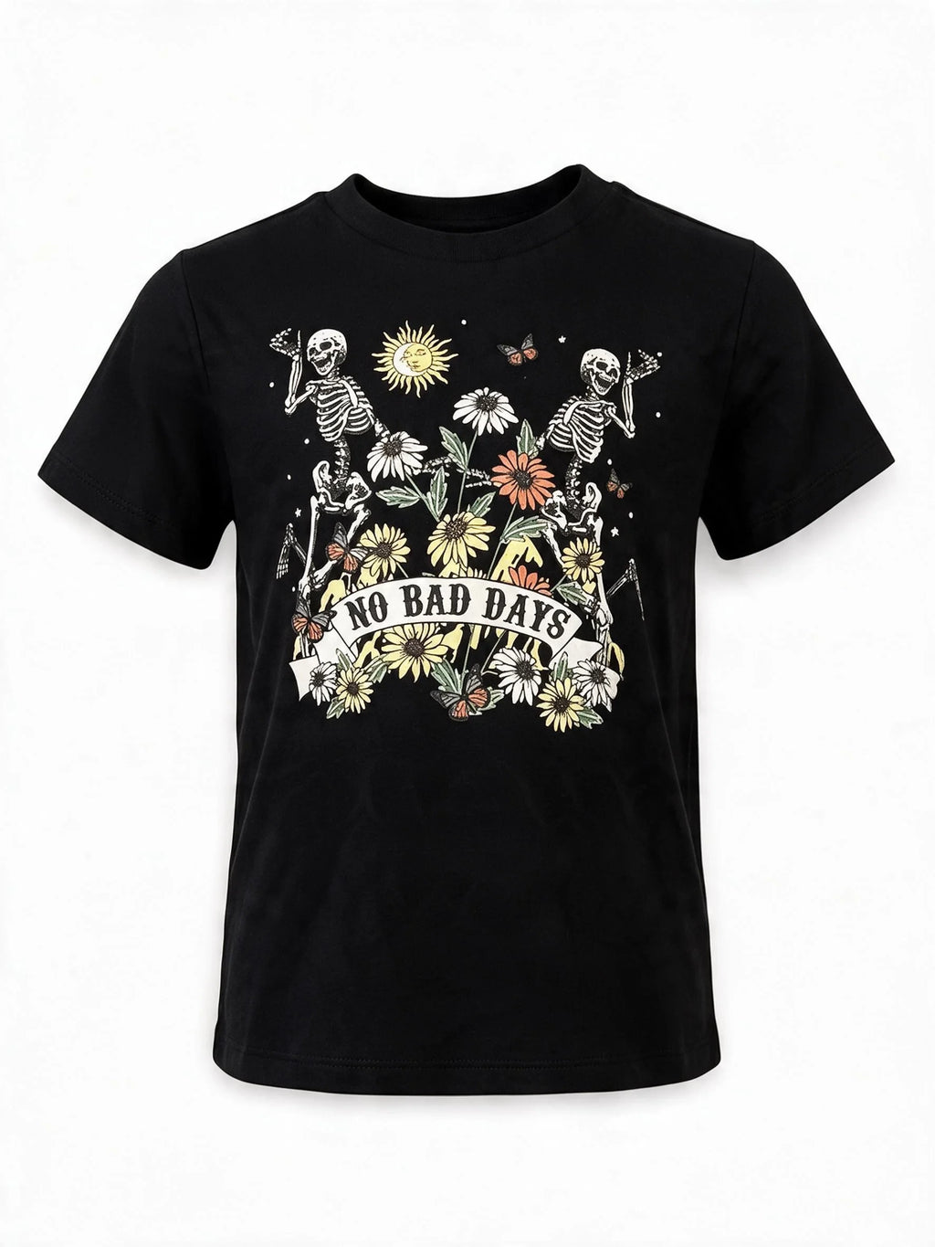 Kids No Bad Days Skeleton Floral Graphic T-Shirt Black New