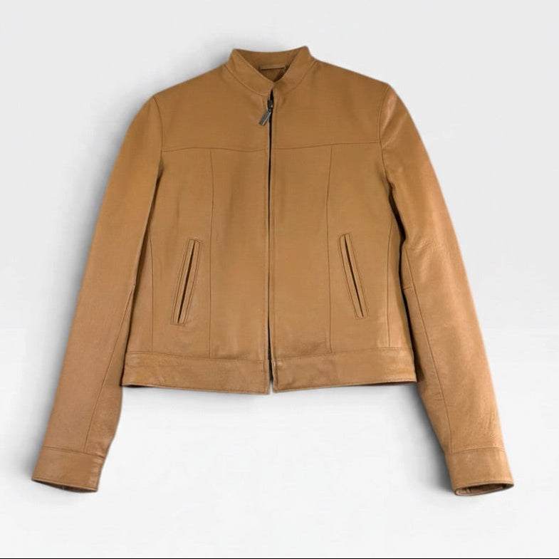 Vintage Leather World New York Tan Leather Jacket M Removable Liner - Pre-owned