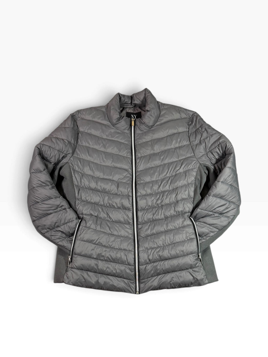 New York & Company Gray Quilted Puffer Jacket Stretch Panels - Pre-owned