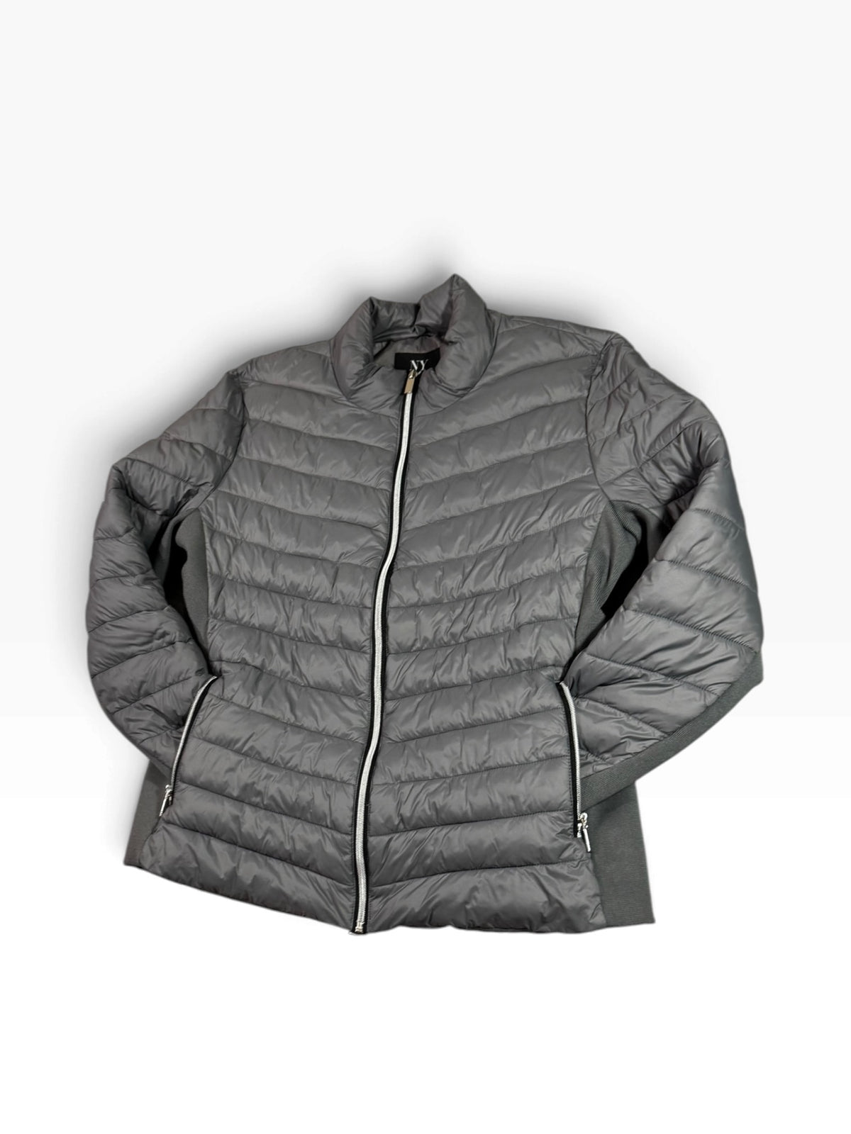 New York & Company Gray Quilted Puffer Jacket Stretch Panels - Pre-owned