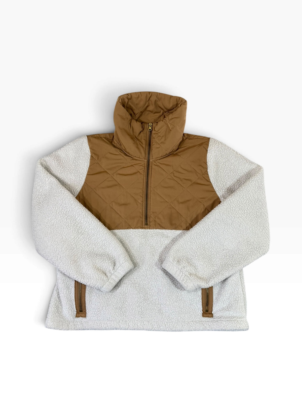 J.Crew Cream Sherpa Camel Quilted Quarter Zip Pullover M - Pre-owned