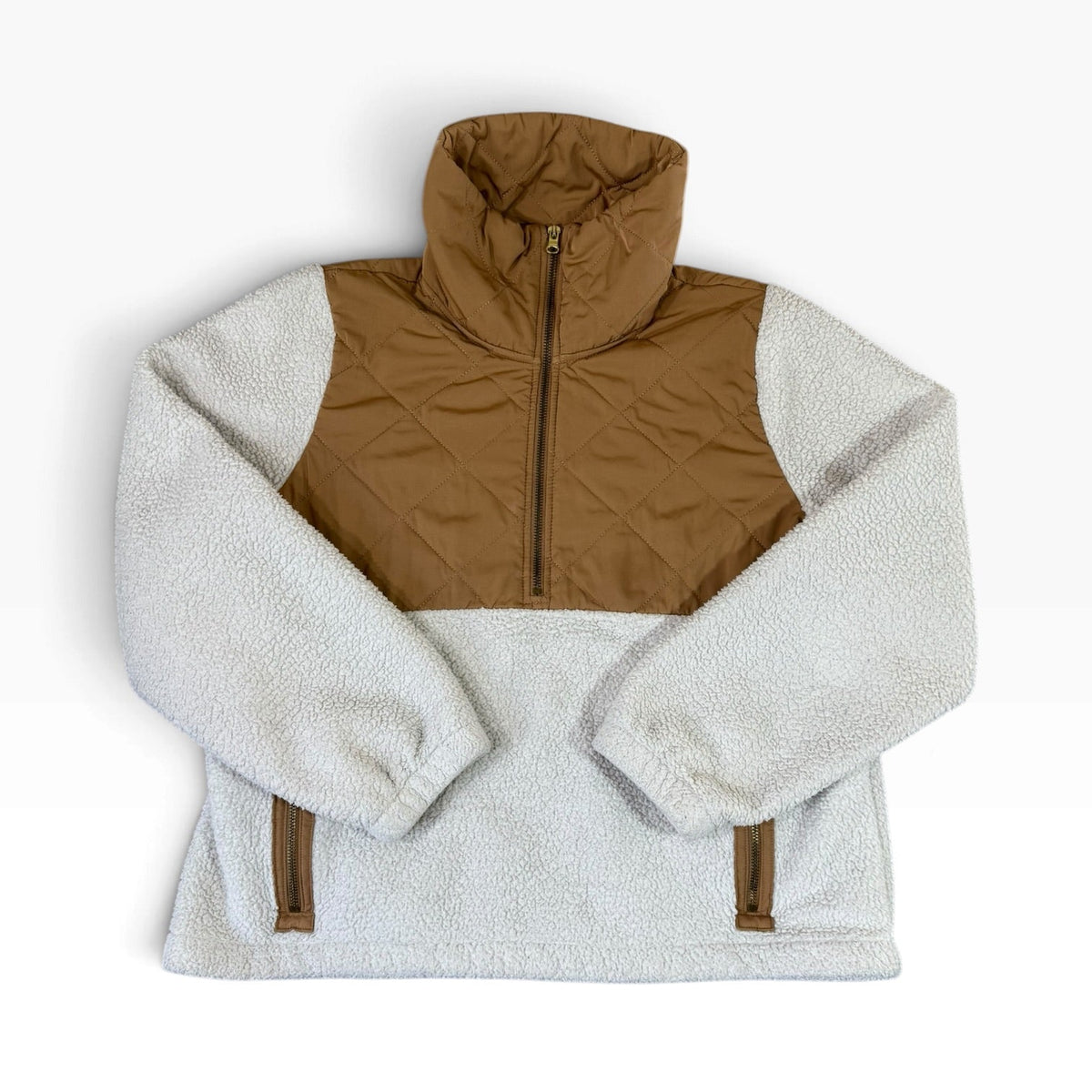 J.Crew Cream Sherpa Camel Quilted Quarter Zip Pullover M - Pre-owned
