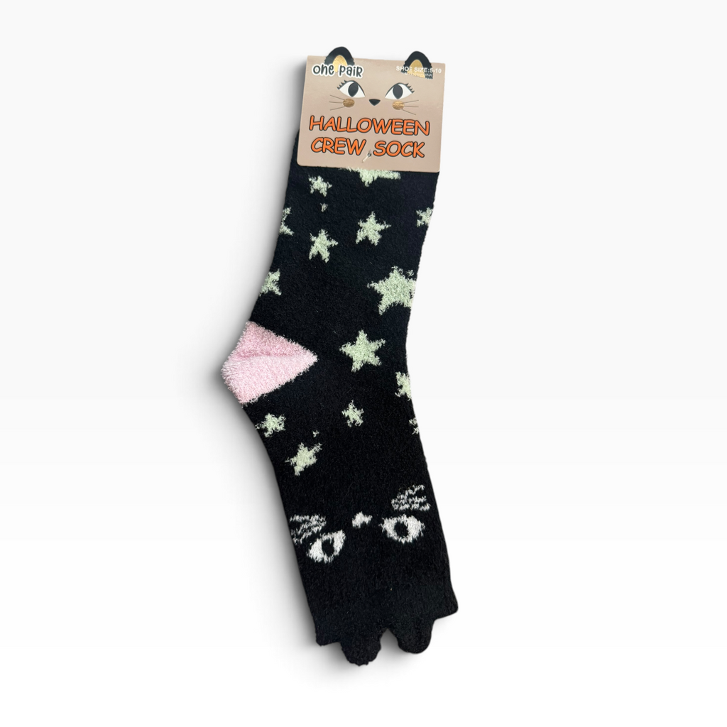 Halloween Black Cat Fuzzy Star Crew Socks One Pair - New