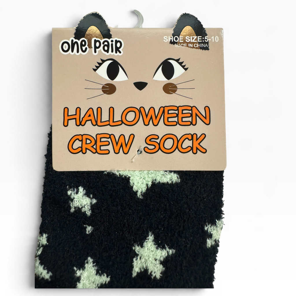 Halloween Black Cat Fuzzy Star Crew Socks One Pair - New