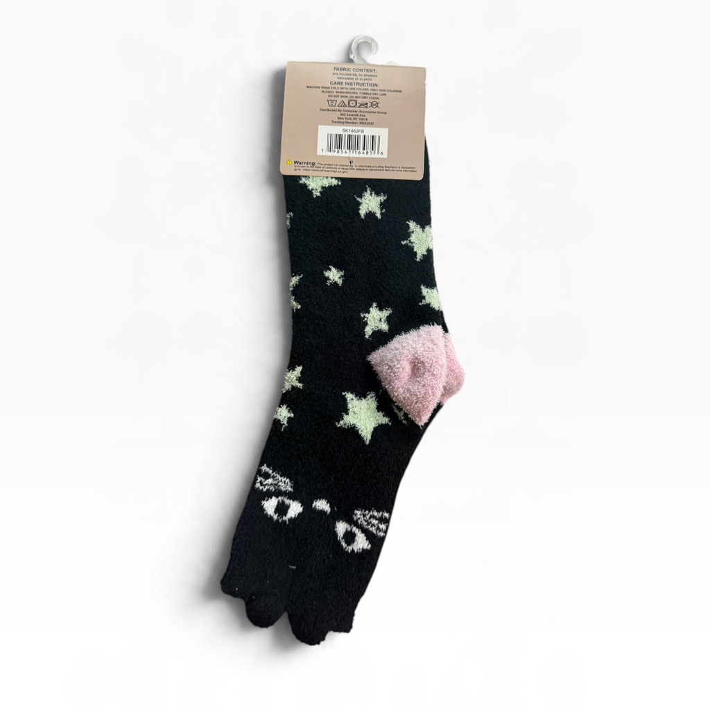 Halloween Black Cat Fuzzy Star Crew Socks One Pair - New