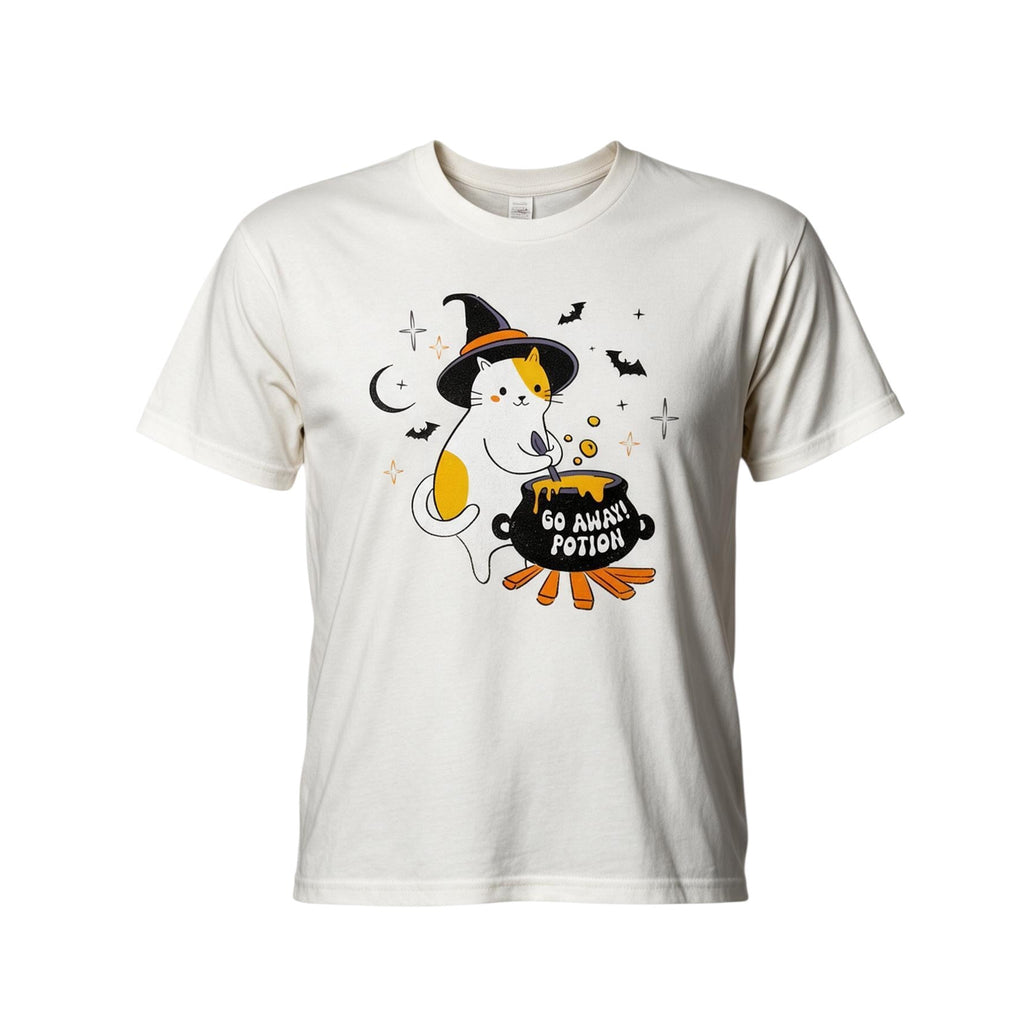 Witch Cat “Go Away Potion” Halloween Graphic T-Shirt Cream - New