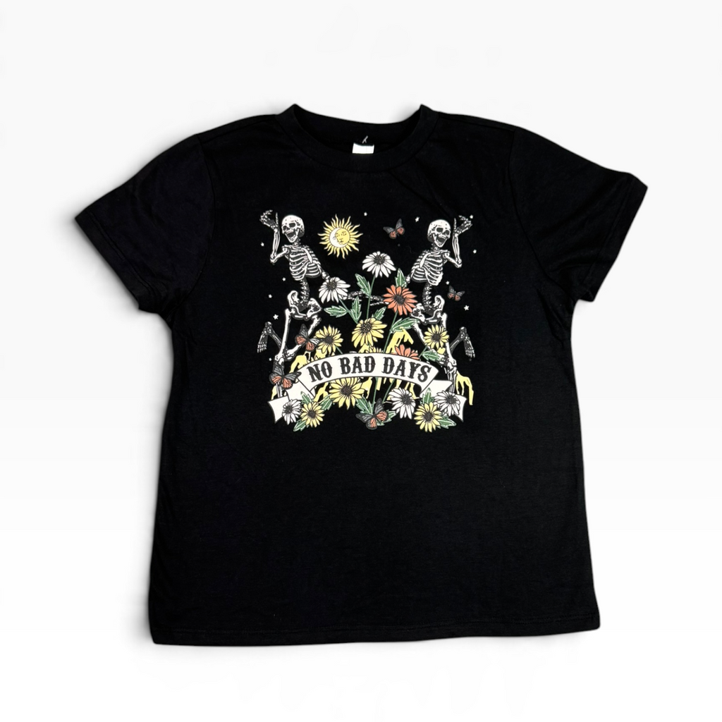 Kids No Bad Days Skeleton Floral Graphic T-Shirt Black New