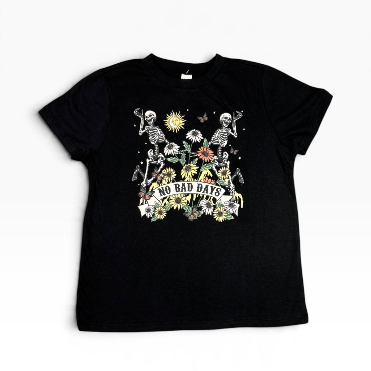 Kids No Bad Days Skeleton Floral Graphic T-Shirt Black New