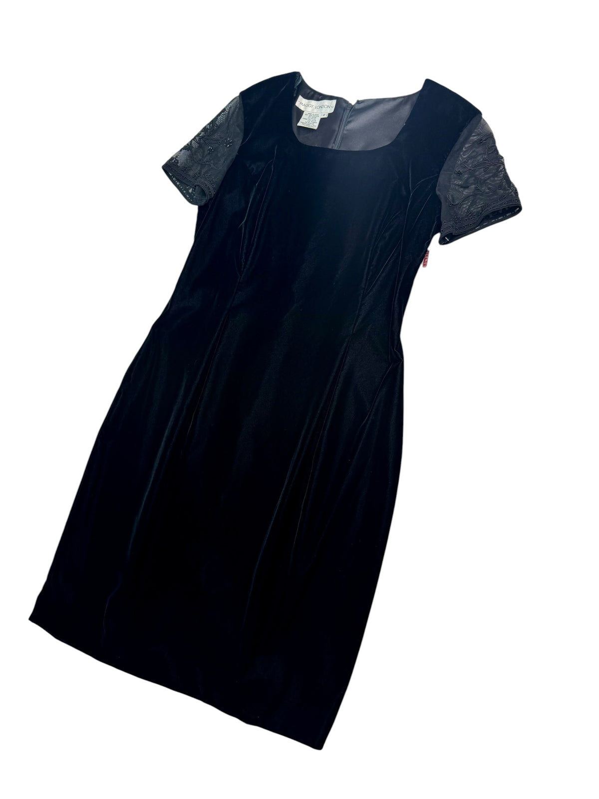 Maggy London Black Velvet Cocktail Dress with Sheer Embroidered Sleeves - Size 8