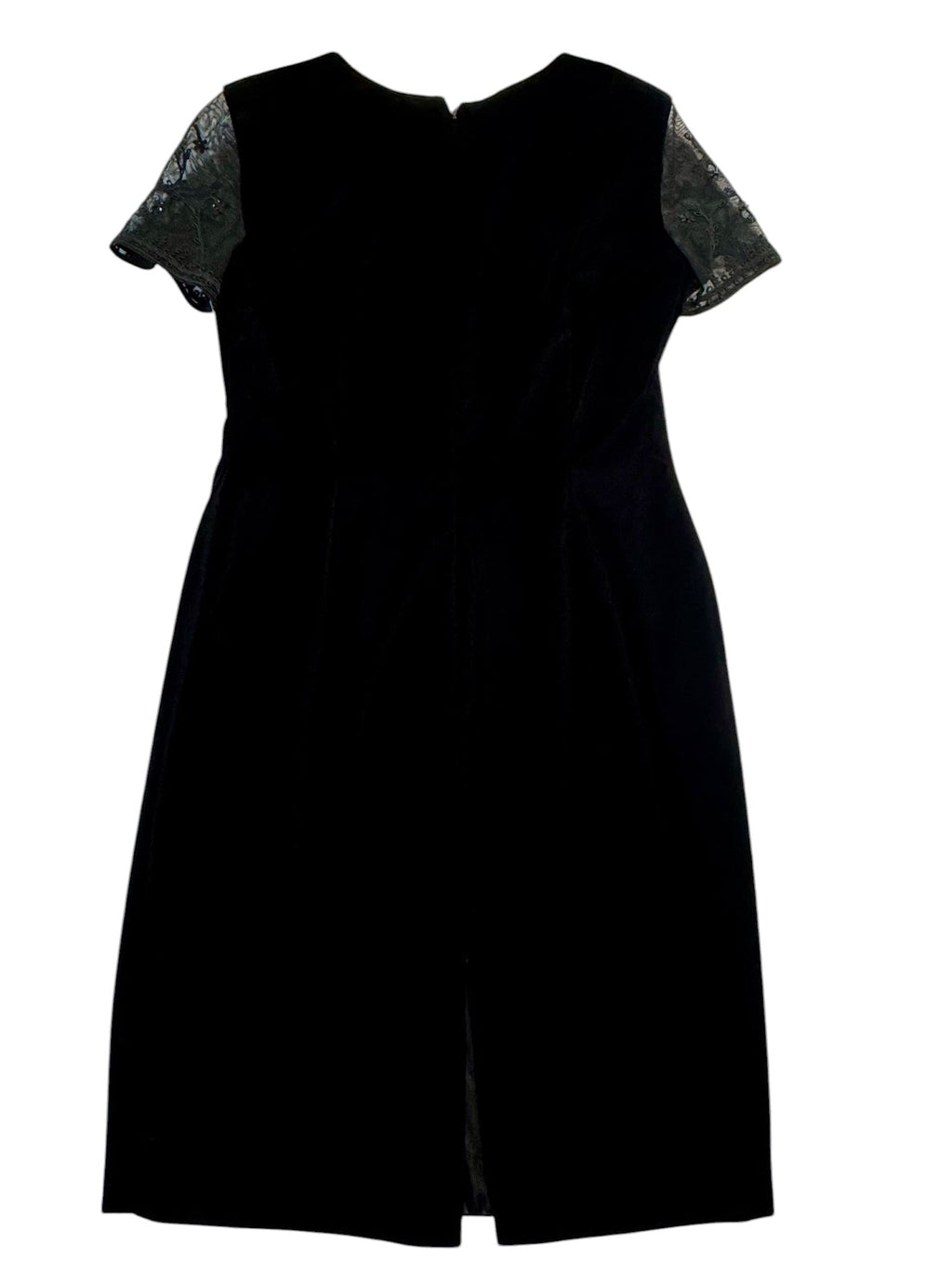 Maggy London Black Velvet Cocktail Dress with Sheer Embroidered Sleeves - Size 8